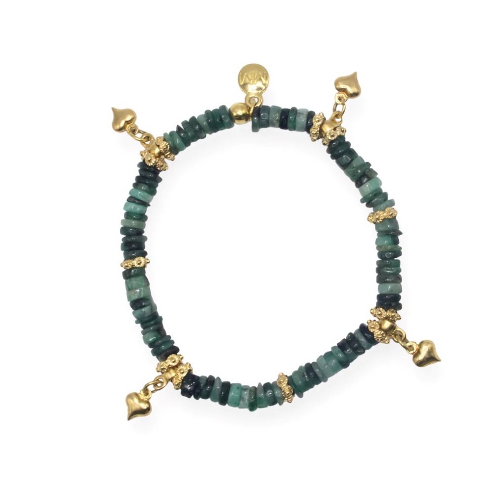 Genuine Emerald Beads 24k Gold Plated Heart Charm Stretch Bracelet